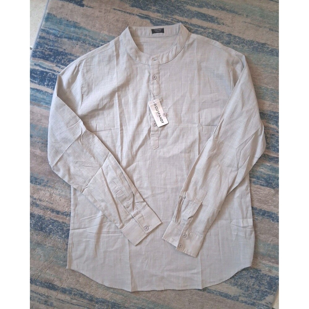 Men's Cotton Hemp Long Slv Casual Beach Henley Shirt Medium Coofandy Gray Boho